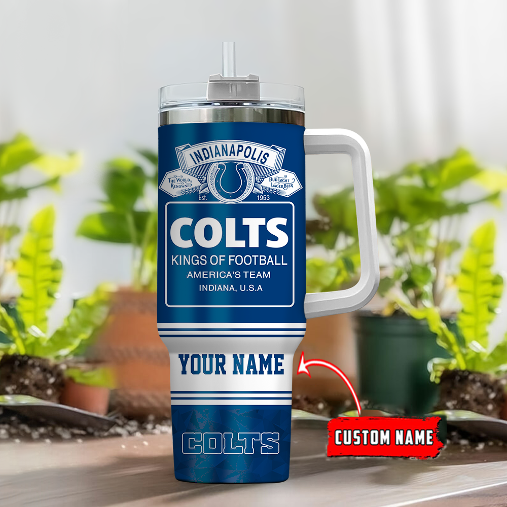 Custom Name Colts Tumbler - Personalized Football Fan Gift with Straw & Handle - Image 2