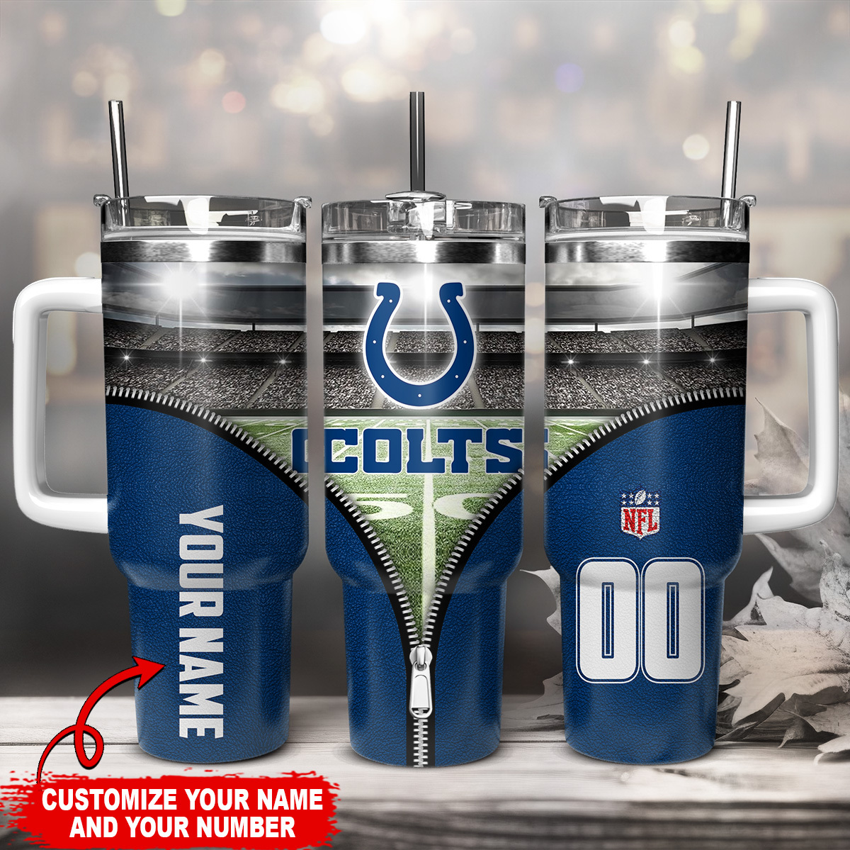 Customizable Colts Tumbler with Handle - Personalize Your Name & Number