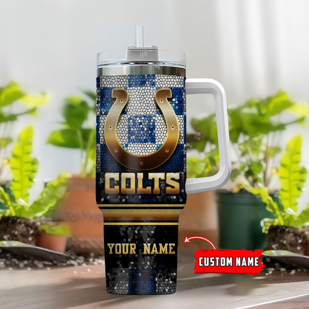 Custom Name Colts Tumbler - Personalized NFL Fan Gift with Handle & Straw - Image 2