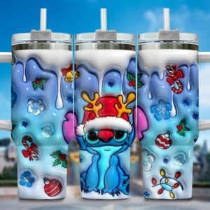 Festive Blue Character Tumbler – Holiday Edition with Straw