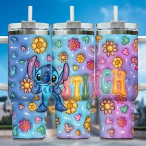 Cute Stitch Tumbler with Straw - Colorful Floral Design