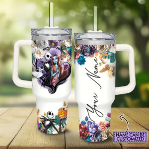 Jack and Sally The Nightmare Before Christmas Cartoon Custom Stanley Quencher 40oz Stainless Steel Tumbler With Handle - Threewoofs