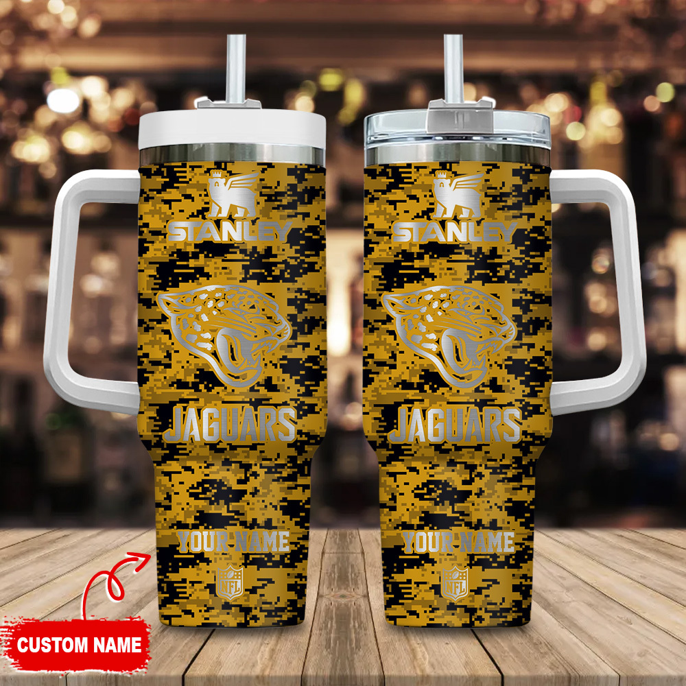 Customizable Jaguars Camouflage Tumbler with Handle & Straw - Perfect for Fans