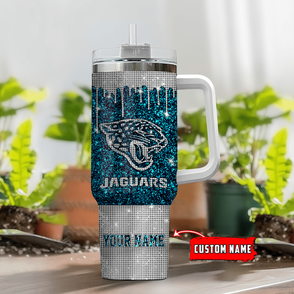Custom Glitter Tumbler with Handle and Straw - Personalized Name Jaguars Design - Image 2