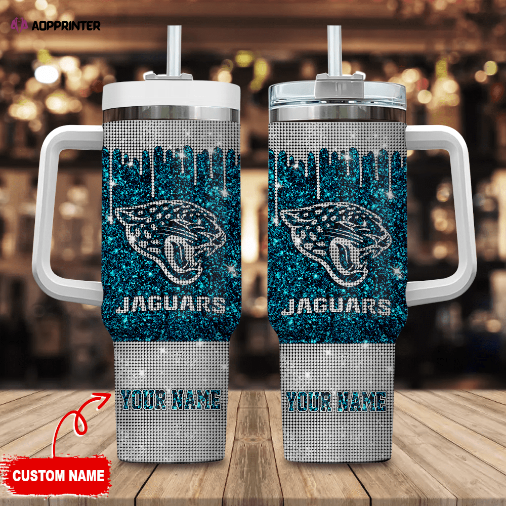 Custom Glitter Tumbler with Handle and Straw - Personalized Name Jaguars Design