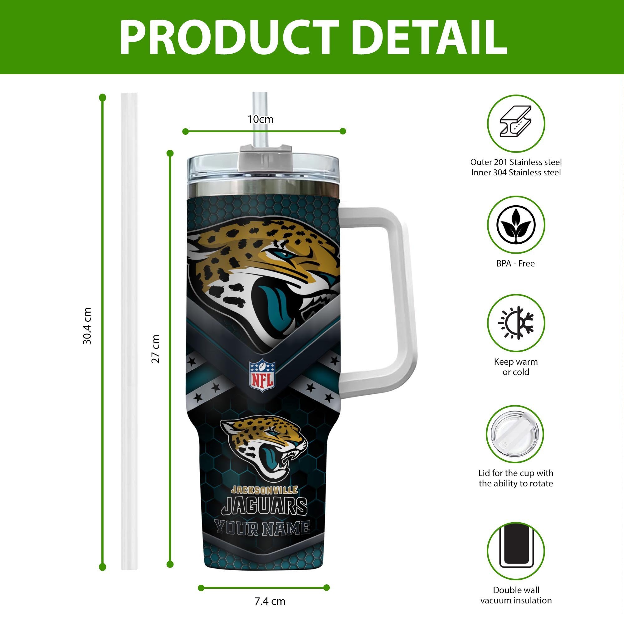 Personalized Jacksonville Jaguars Tumbler with Handle - Custom Name NFL Fan Gift - Image 2