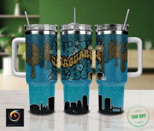 Stylish Glitter Blue Tumbler with Handle & Straw - 300 DPI Print