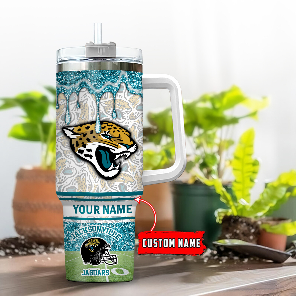 Customizable Jacksonville Jaguars Glitter Tumbler Mug with Straw - Personalized Gift