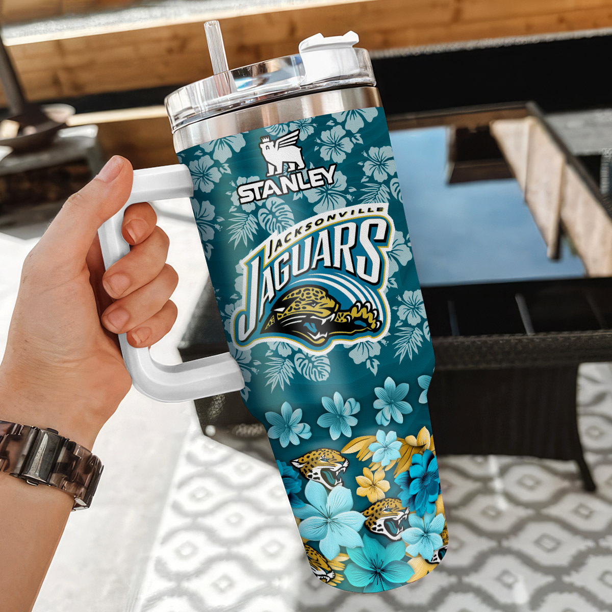 Customizable Jaguars Floral Tumbler with Handle & Straw - Personalized Gift - Image 3