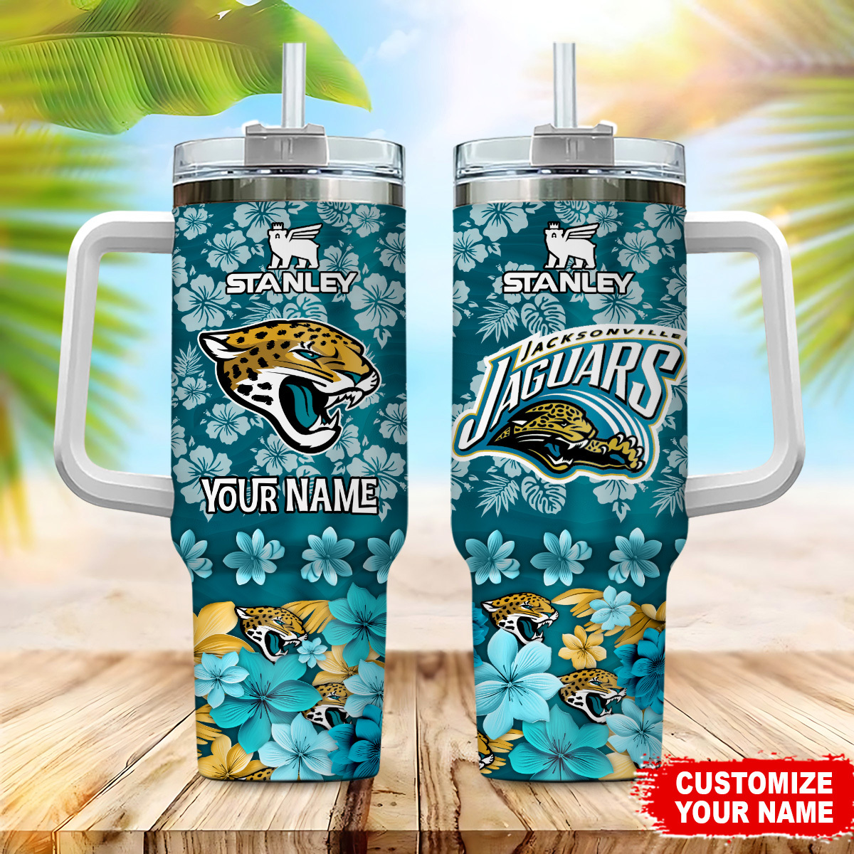Customizable Jaguars Floral Tumbler with Handle & Straw - Personalized Gift