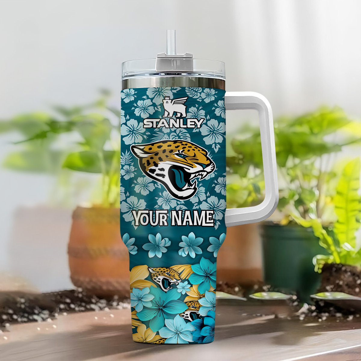 Customizable Jaguars Floral Tumbler with Handle & Straw - Personalized Gift - Image 2
