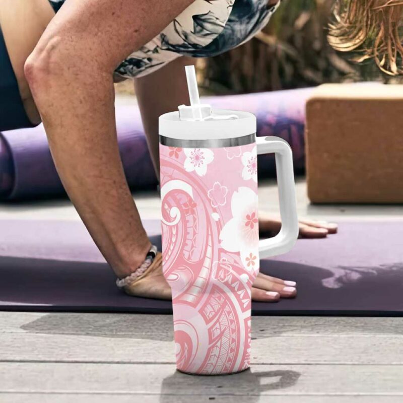 Japan Sakura Floral with Polynesian Custom Stanley Quencher 40oz Stainless Steel Tumbler With Handle - Threewoofs - Image 6