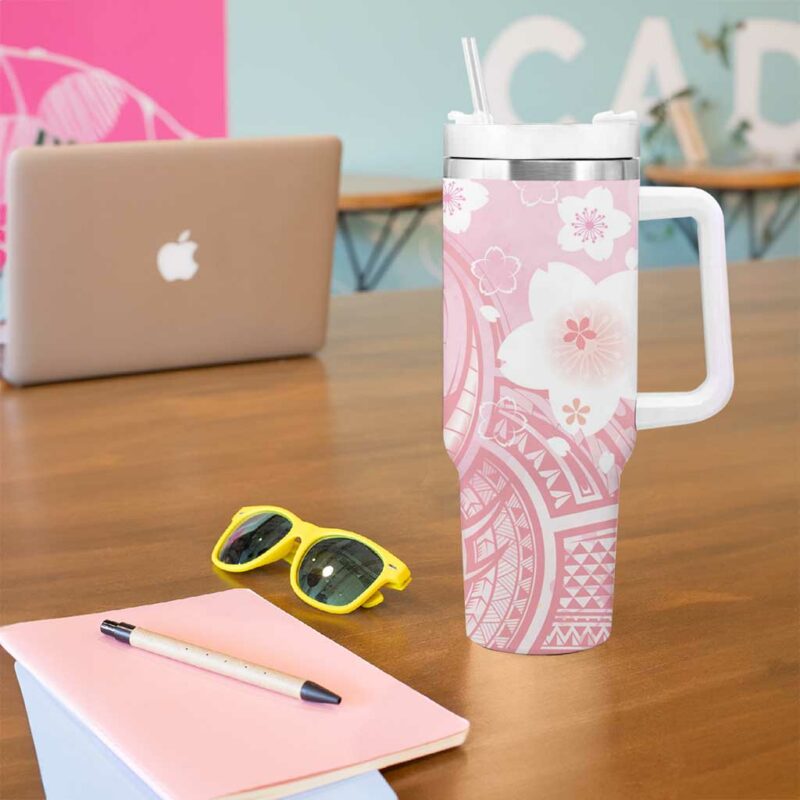 Japan Sakura Floral with Polynesian Custom Stanley Quencher 40oz Stainless Steel Tumbler With Handle - Threewoofs - Image 5