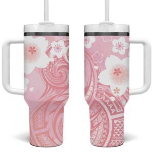 Japan Sakura Floral with Polynesian Custom Stanley Quencher 40oz Stainless Steel Tumbler With Handle - Threewoofs