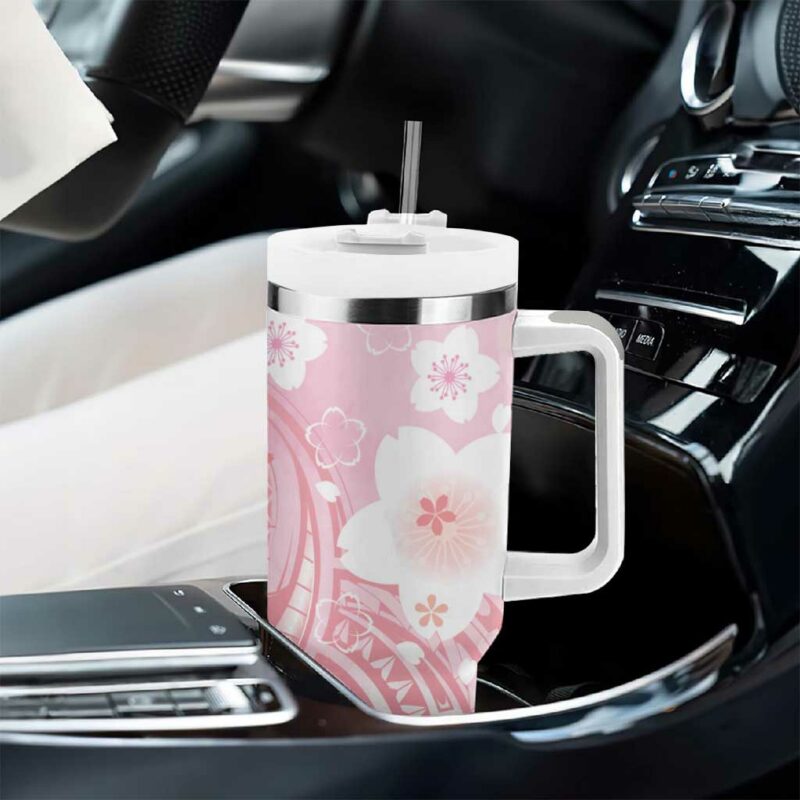 Japan Sakura Floral with Polynesian Custom Stanley Quencher 40oz Stainless Steel Tumbler With Handle - Threewoofs - Image 8