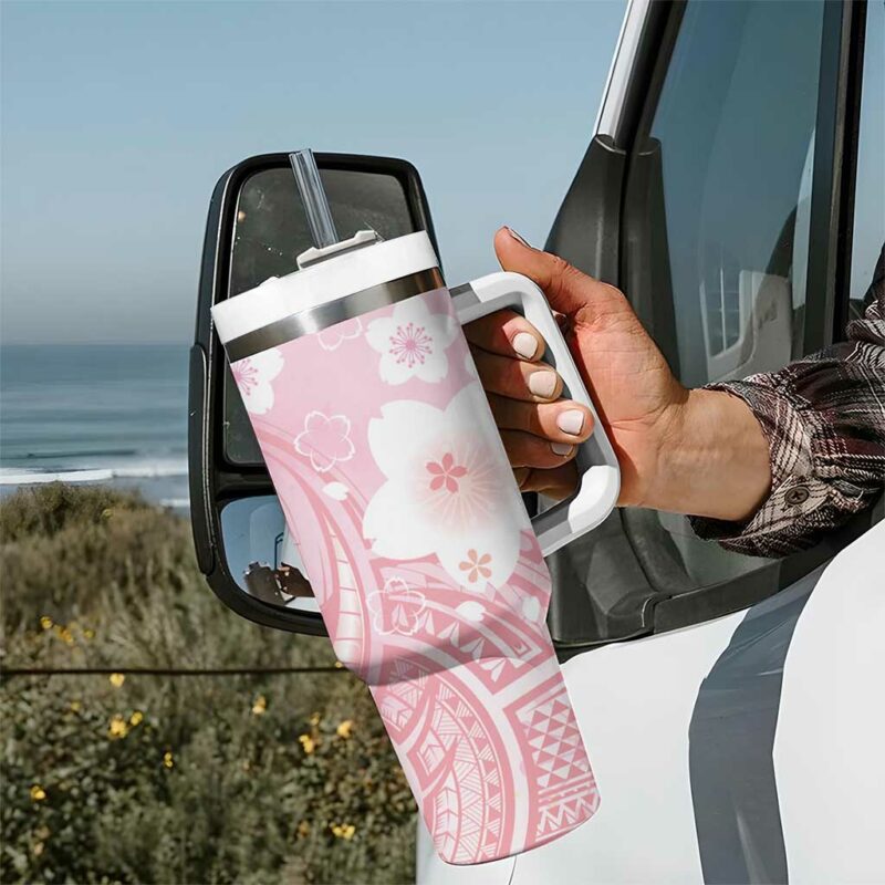 Japan Sakura Floral with Polynesian Custom Stanley Quencher 40oz Stainless Steel Tumbler With Handle - Threewoofs - Image 7