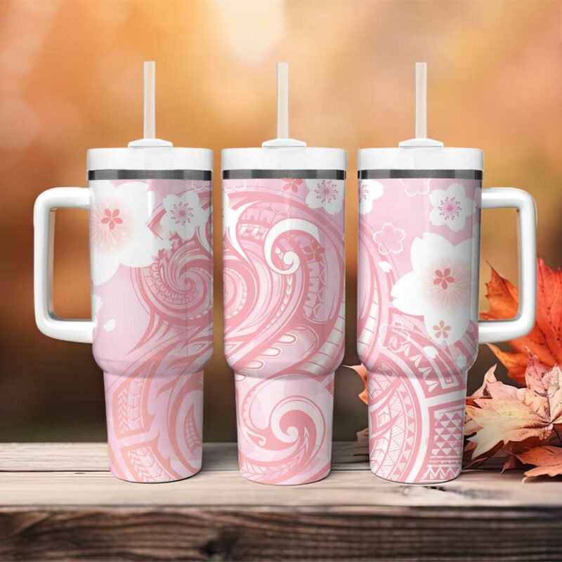 Japan Sakura Floral with Polynesian Custom Stanley Quencher 40oz Stainless Steel Tumbler With Handle - Threewoofs - Image 4