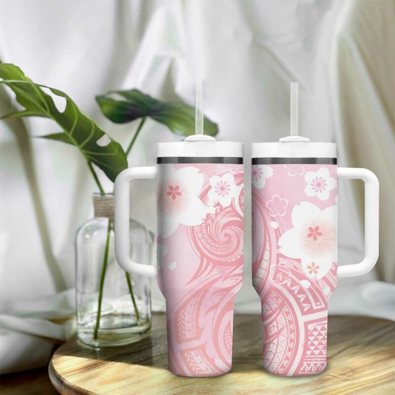 Japan Sakura Floral with Polynesian Custom Stanley Quencher 40oz Stainless Steel Tumbler With Handle - Threewoofs - Image 9