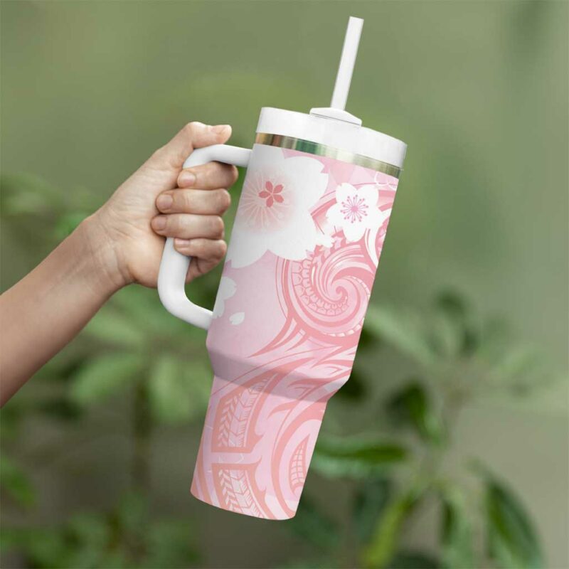 Japan Sakura Floral with Polynesian Custom Stanley Quencher 40oz Stainless Steel Tumbler With Handle - Threewoofs - Image 3