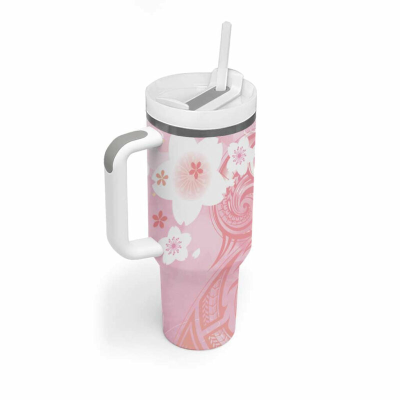 Japan Sakura Floral with Polynesian Custom Stanley Quencher 40oz Stainless Steel Tumbler With Handle - Threewoofs - Image 2