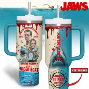 Jaws Movies Custom Stanley Quencher 40oz Stainless Steel Tumbler With Handle - Threewoofs