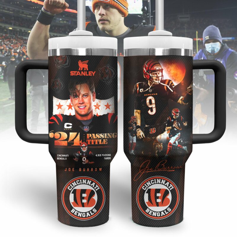 Joe Burrow Cincinnati Bengals NFL Sports Custom Stanley Quencher 40oz Stainless Steel Tumbler With Handle - Threewoofs