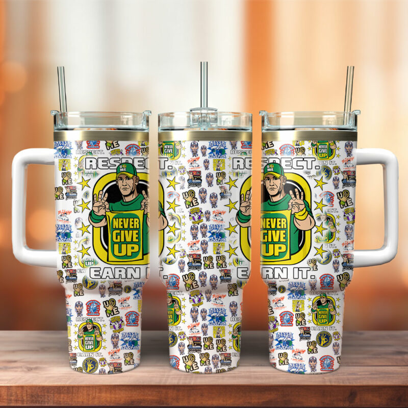 John Cena Never Give Up WWE Custom Stanley Quencher 40oz Stainless Steel Tumbler With Handle - Threewoofs