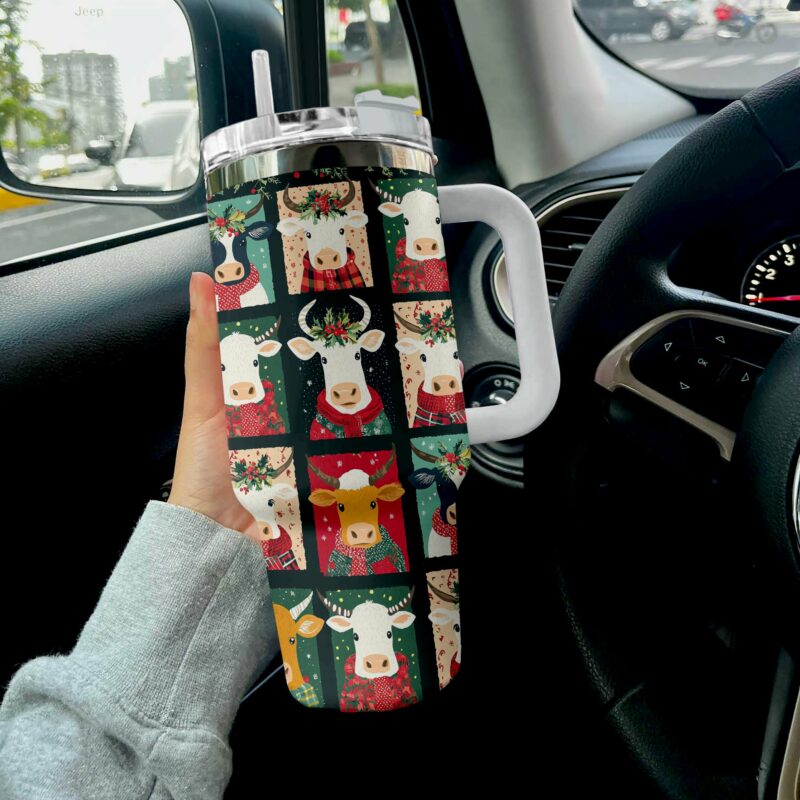 Joyful Christmas Cow Custom Stanley Quencher 40oz Stainless Steel Tumbler With Handle - Threewoofs - Image 3