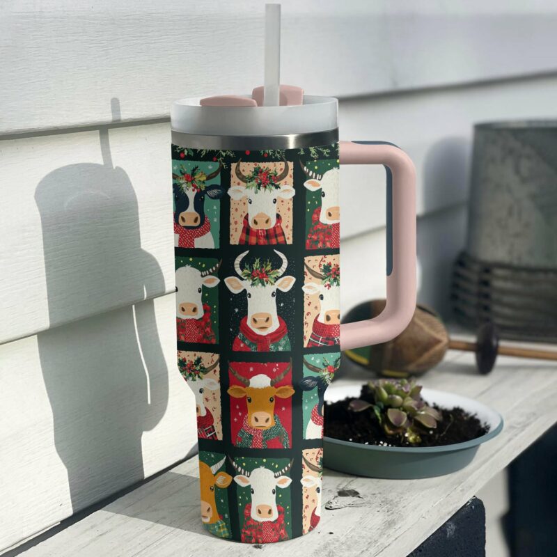 Joyful Christmas Cow Custom Stanley Quencher 40oz Stainless Steel Tumbler With Handle - Threewoofs - Image 2