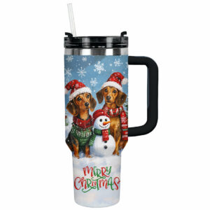 Joyful Christmas Dachshund Custom Stanley Quencher 40oz Stainless Steel Tumbler With Handle - Threewoofs
