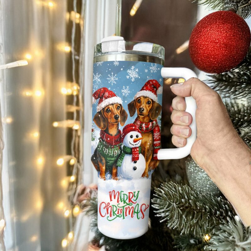 Joyful Christmas Dachshund Custom Stanley Quencher 40oz Stainless Steel Tumbler With Handle - Threewoofs - Image 3