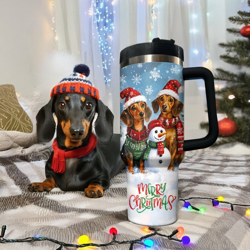 Joyful Christmas Dachshund Custom Stanley Quencher 40oz Stainless Steel Tumbler With Handle - Threewoofs - Image 2