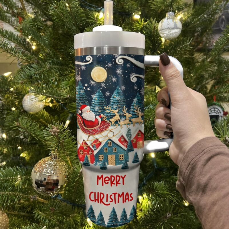 Joyful Christmas Santa Custom Stanley Quencher 40oz Stainless Steel Tumbler With Handle - Threewoofs - Image 2