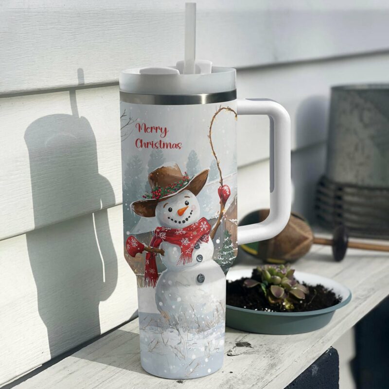 Joyful Cowboy Snowman Christmas Custom Stanley Quencher 40oz Stainless Steel Tumbler With Handle - Threewoofs - Image 2