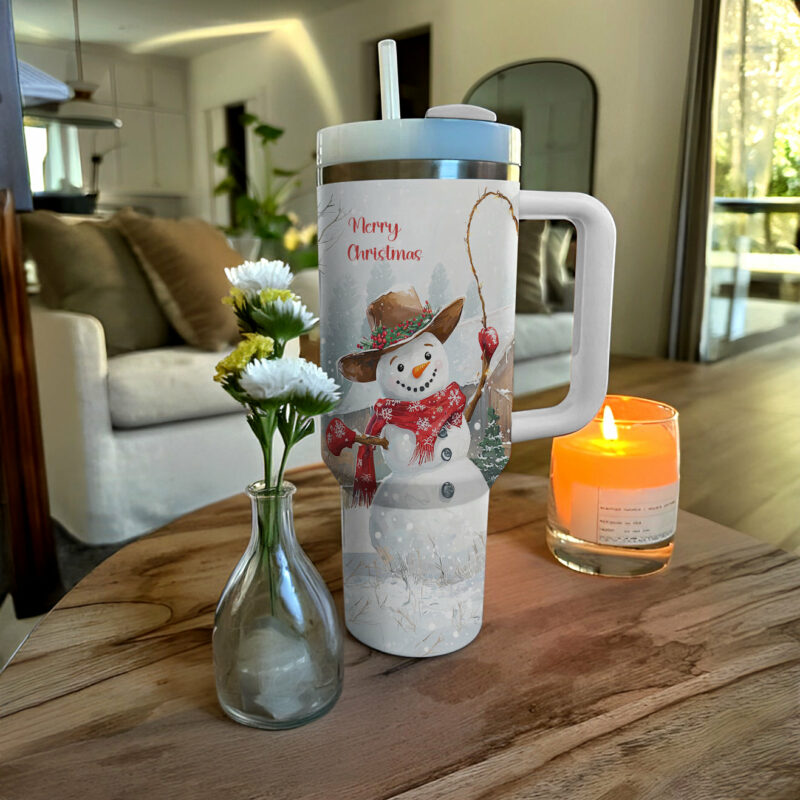 Joyful Cowboy Snowman Christmas Custom Stanley Quencher 40oz Stainless Steel Tumbler With Handle - Threewoofs - Image 3