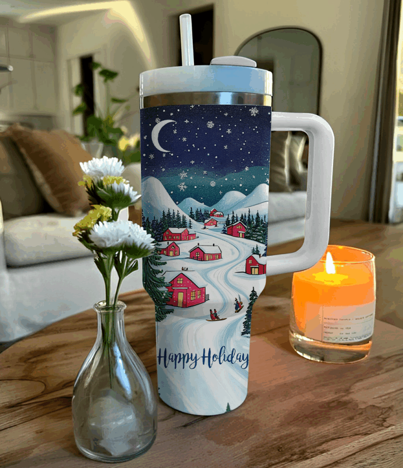 Joyful Holiday Village Christmas Custom Stanley Quencher 40oz Stainless Steel Tumbler With Handle - Threewoofs - Image 2