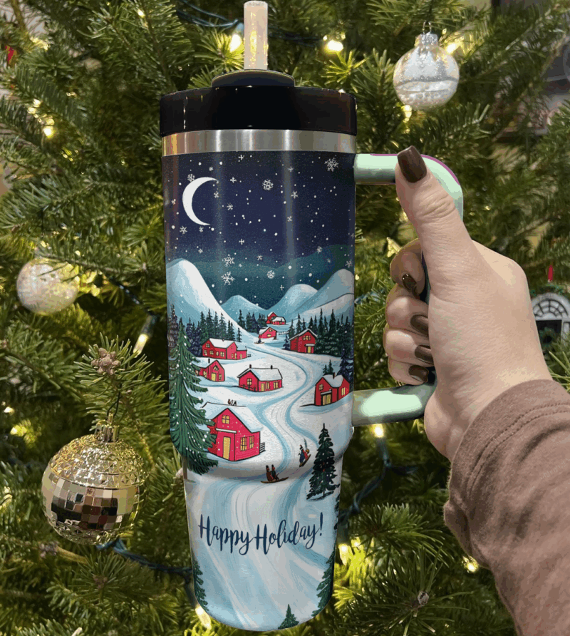 Joyful Holiday Village Christmas Custom Stanley Quencher 40oz Stainless Steel Tumbler With Handle - Threewoofs - Image 3