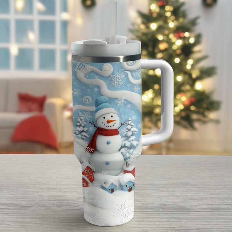 Joyful Winter Snowman Christmas Custom Stanley Quencher 40oz Stainless Steel Tumbler With Handle - Threewoofs - Image 2