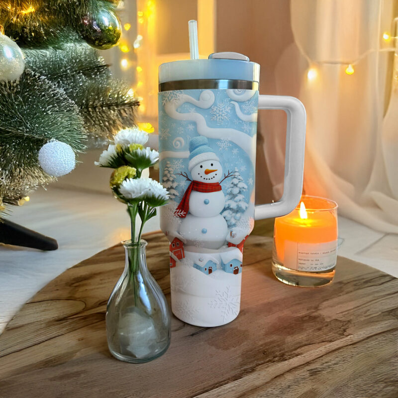 Joyful Winter Snowman Christmas Custom Stanley Quencher 40oz Stainless Steel Tumbler With Handle - Threewoofs - Image 3