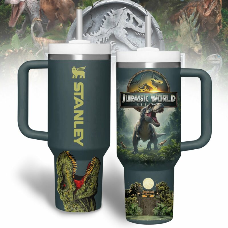 Jurassic World Movies Custom Stanley Quencher 40oz Stainless Steel Tumbler With Handle - Threewoofs
