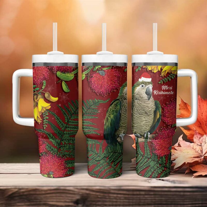Kakapo Bird New Zealand Floral Christmas Custom Stanley Quencher 40oz Stainless Steel Tumbler With Handle - Threewoofs - Image 4