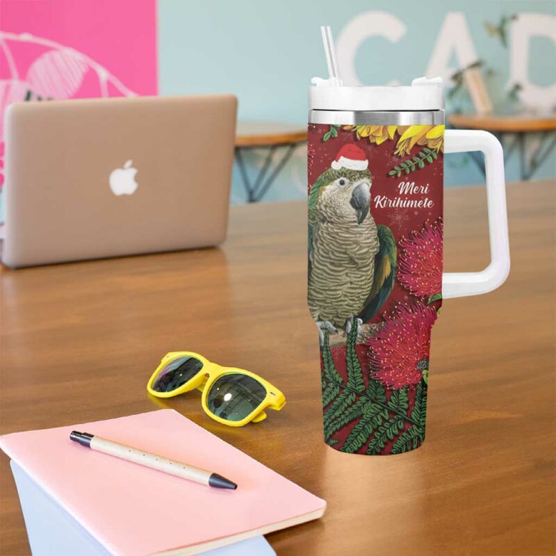 Kakapo Bird New Zealand Floral Christmas Custom Stanley Quencher 40oz Stainless Steel Tumbler With Handle - Threewoofs - Image 5