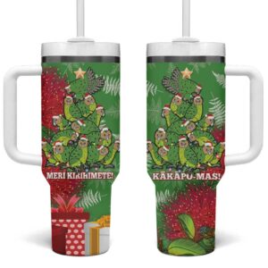 Kakapo New Zealand Christmas Meri Kirihimete Pohutukawa Green Color Custom Stanley Quencher 40oz Stainless Steel Tumbler With Handle - Threewoofs