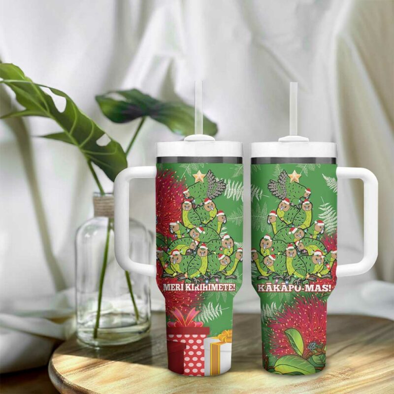 Kakapo New Zealand Christmas Meri Kirihimete Pohutukawa Green Color Custom Stanley Quencher 40oz Stainless Steel Tumbler With Handle - Threewoofs - Image 9