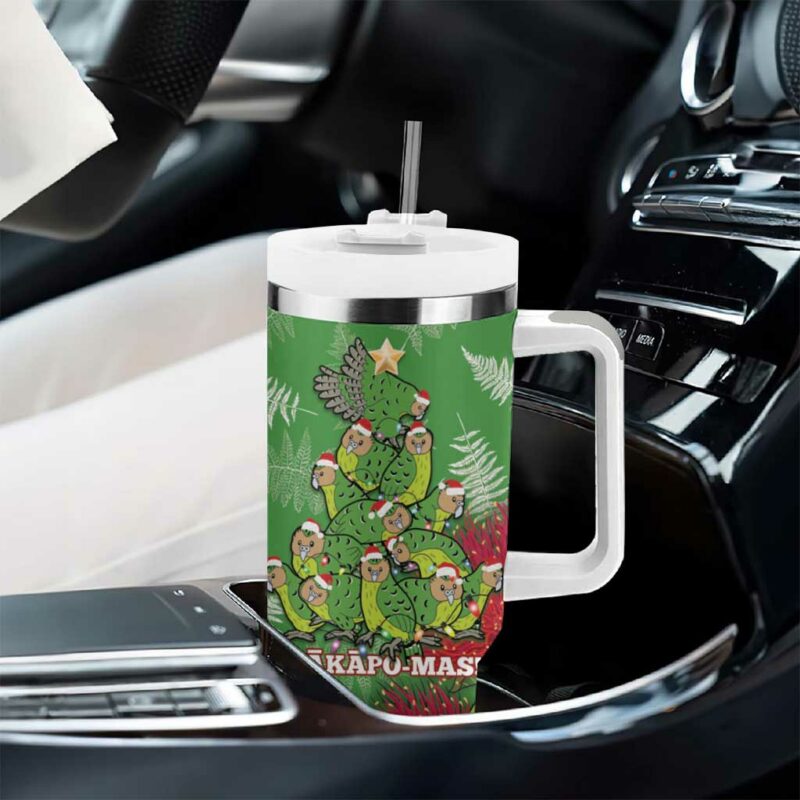 Kakapo New Zealand Christmas Meri Kirihimete Pohutukawa Green Color Custom Stanley Quencher 40oz Stainless Steel Tumbler With Handle - Threewoofs - Image 8
