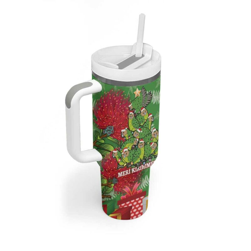 Kakapo New Zealand Christmas Meri Kirihimete Pohutukawa Green Color Custom Stanley Quencher 40oz Stainless Steel Tumbler With Handle - Threewoofs - Image 2