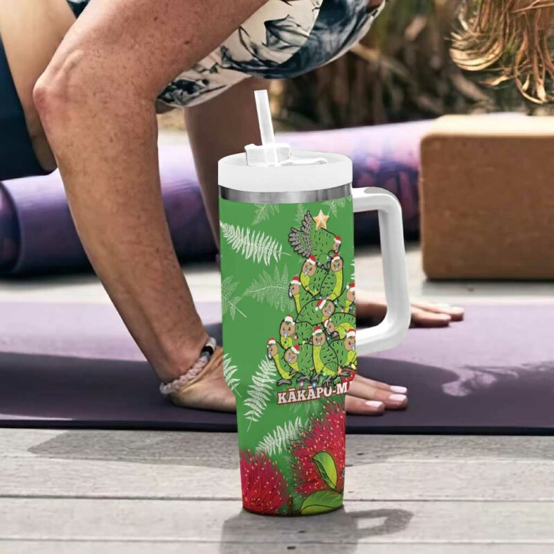 Kakapo New Zealand Christmas Meri Kirihimete Pohutukawa Green Color Custom Stanley Quencher 40oz Stainless Steel Tumbler With Handle - Threewoofs - Image 6