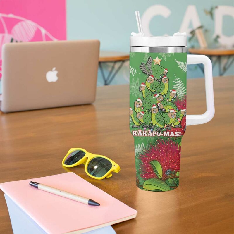 Kakapo New Zealand Christmas Meri Kirihimete Pohutukawa Green Color Custom Stanley Quencher 40oz Stainless Steel Tumbler With Handle - Threewoofs - Image 5