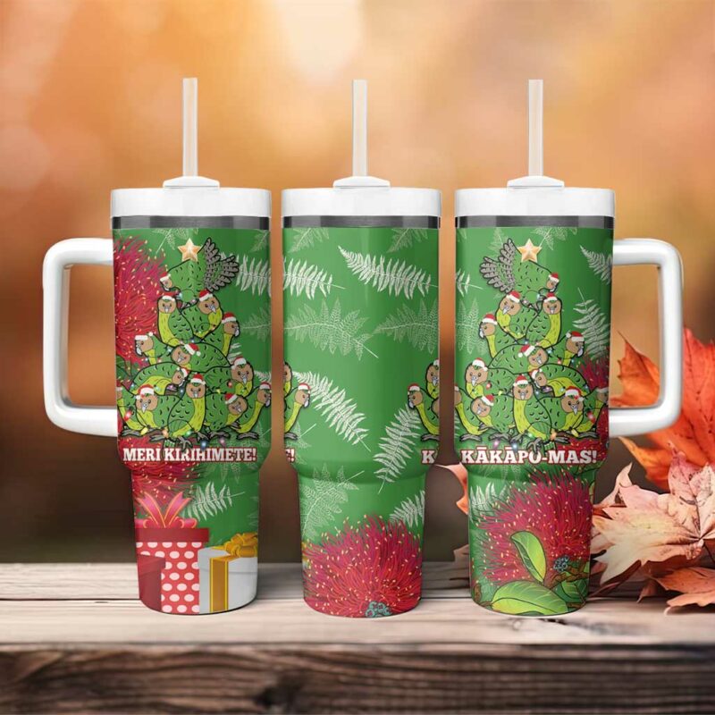 Kakapo New Zealand Christmas Meri Kirihimete Pohutukawa Green Color Custom Stanley Quencher 40oz Stainless Steel Tumbler With Handle - Threewoofs - Image 4
