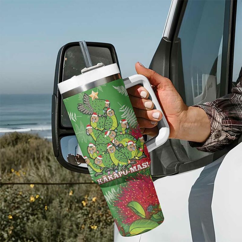Kakapo New Zealand Christmas Meri Kirihimete Pohutukawa Green Color Custom Stanley Quencher 40oz Stainless Steel Tumbler With Handle - Threewoofs - Image 7